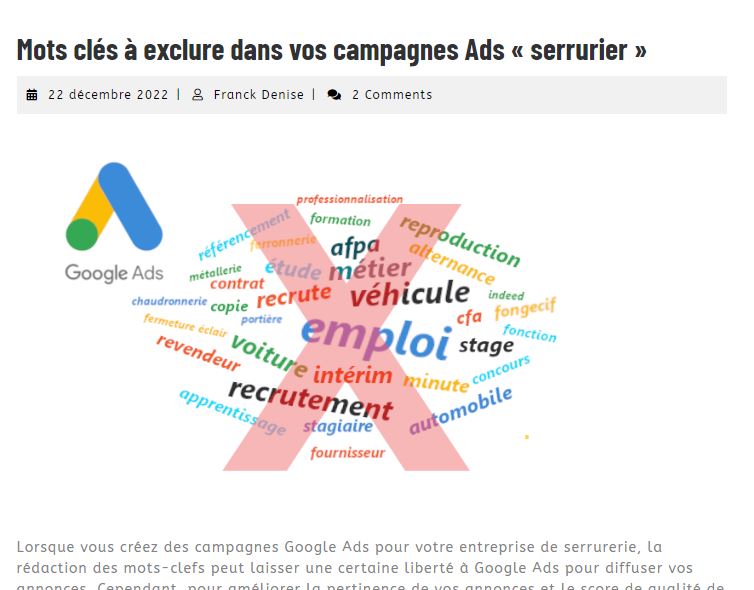 mot clé à exclure ads